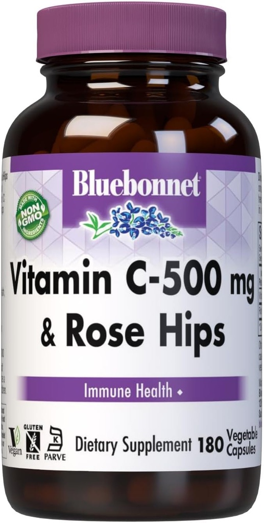 BlueBonnet Vitamine C 500 mg Plus Rosehips Capsules végétales, 180 Nombre