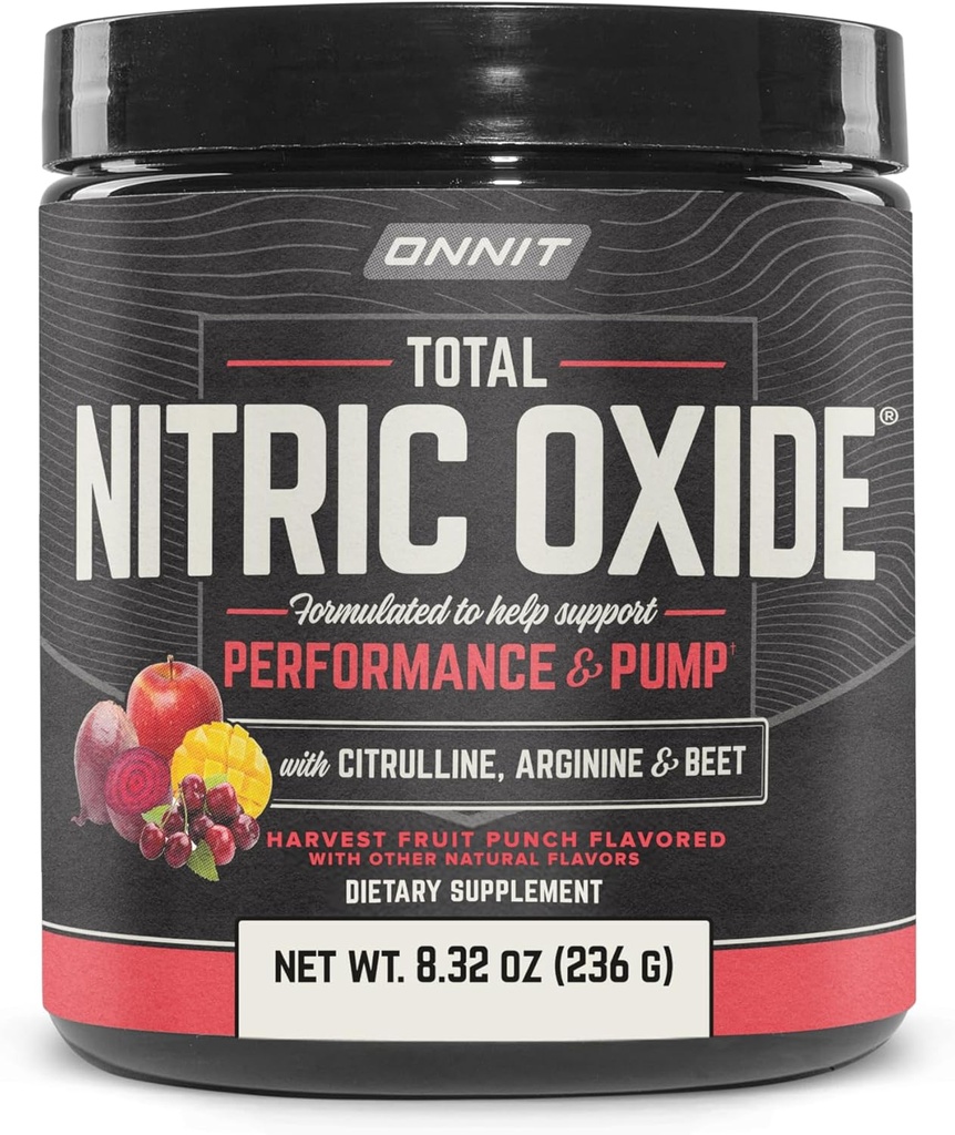 ONNIT Poudre d'exercice total à oxyde nitrique, IGENTM non-OGM testée, Fruit Punch Flavor, supplément alimentaire sans caféine pour soutenir la croissance musculaire avec le nitrate d'arginine NO3-T, 20 portions