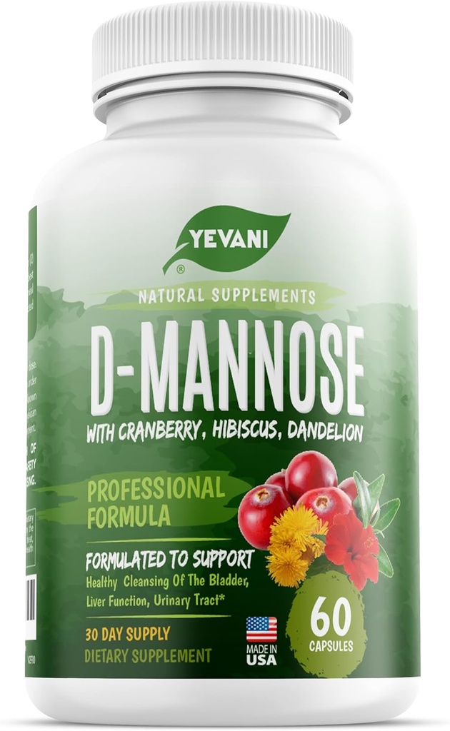 100% Pure D-Mannose Capsules 1000 mg avec extrait de canneberge, d'hibiscus et de dandelion, formule de prévention UTI professionnelle à action rapide pour la santé urinaire et le soutien de la vésicule