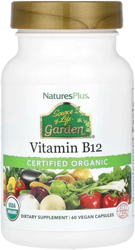 Natures Plus Source de vie Jardin Vitamine biologique certifiée B12-1000 mcg méthylcobalamine, 60 Capsules de végétalien - complément de vitamine B12 pour aliments entiers - Boost énergétique - Végétarien, sans gluten - 30 portions