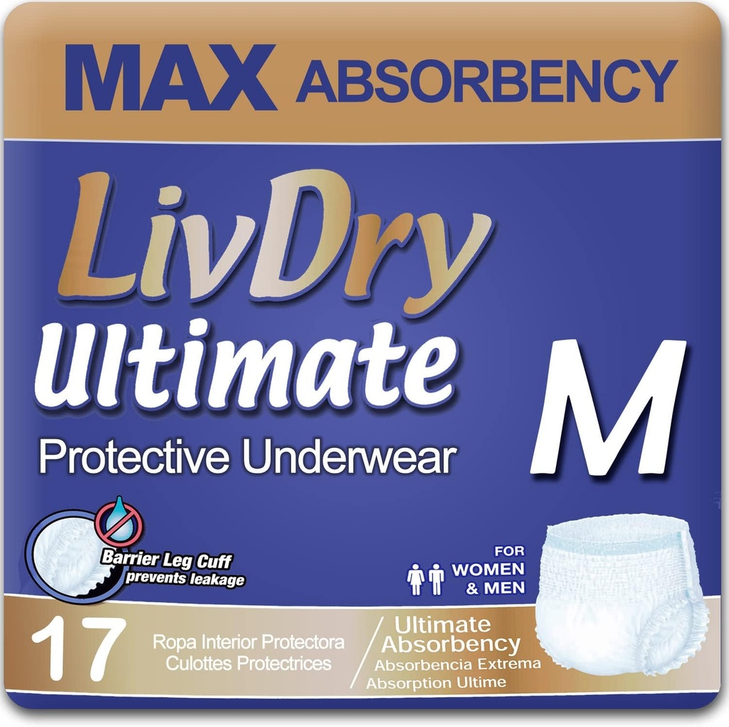 LivDry Ultime Incontinence Adulte Sous-vêtements, Couches Absorbantes Max Adultes avec Protection Fuite, Moyen, 17-Pack