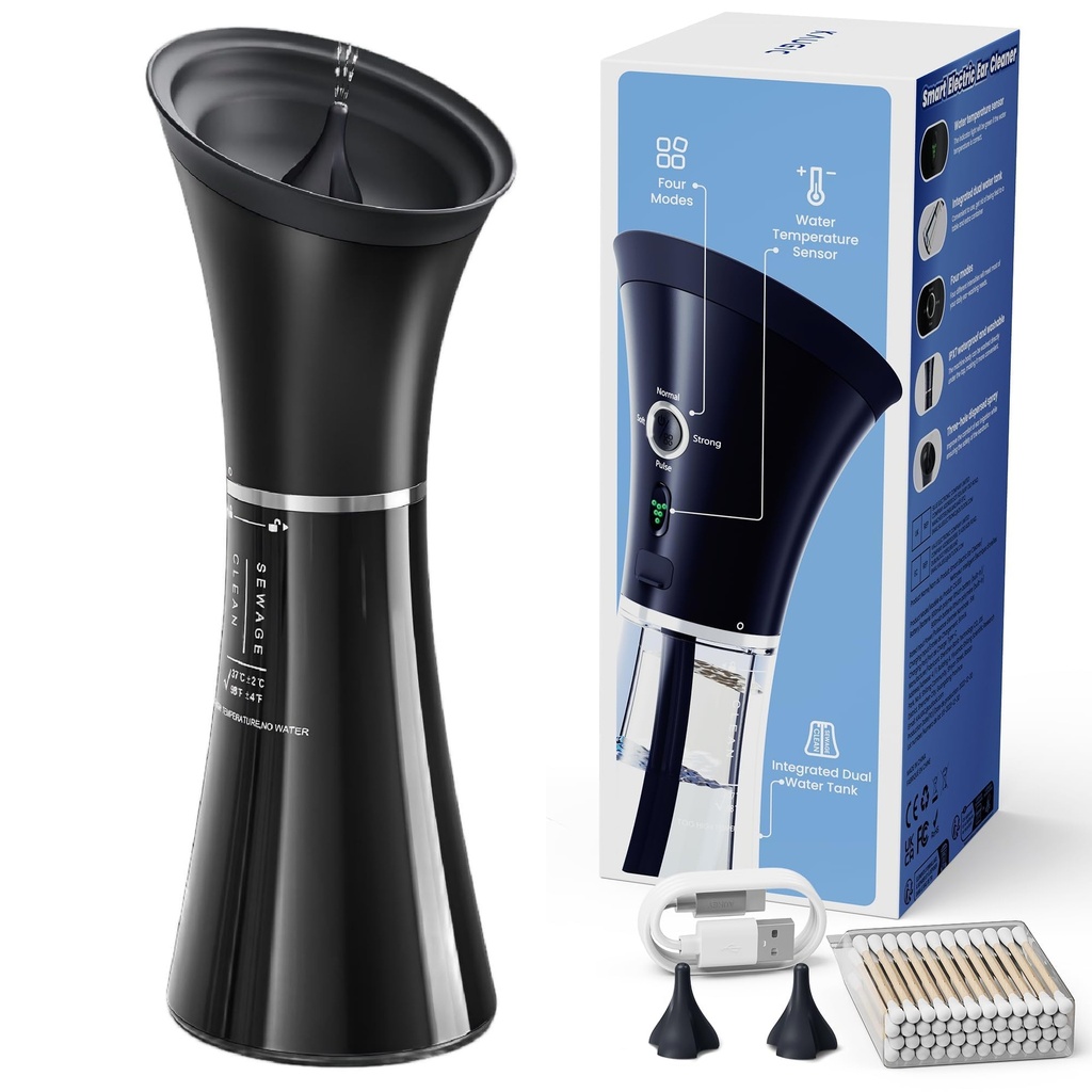Suppression des cires d'oreille améliorée avec réservoir de déchets monopiéces, nettoyage sûr avec capteur de température d'eau, kit d'irrigation efficace de l'oreille et câble USB-A à C, IPX7, noir