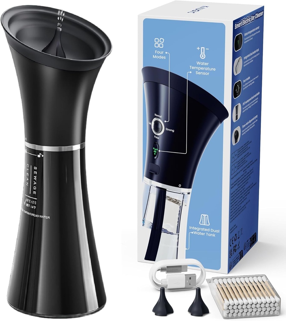 Suppression des cires d'oreille améliorée avec réservoir de déchets monopiéces, nettoyage sûr avec capteur de température d'eau, kit d'irrigation efficace de l'oreille et câble USB-A à C, IPX7, noir