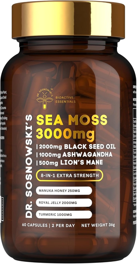 Dr Sosnowski's BioActive Sea Moss | 8-in-1 Formula Enriched with Black Seed, Ashwagandha, Turmeric, Manuka Honey, Lion's Mane, Royal Jelly, Bee Propolis Extract | 60 Capsules
