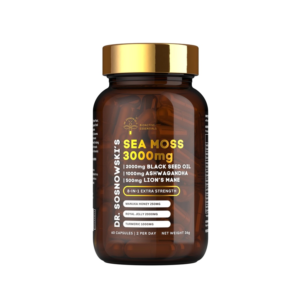 Formule 8-en-1 du Dr Sosnowski avec des graines noires, Ashwagandha, Turmeric, Manuka Honey, Lion's Mane, Royal Jelly, Extrait de propolis d'abeille de 60 capsules