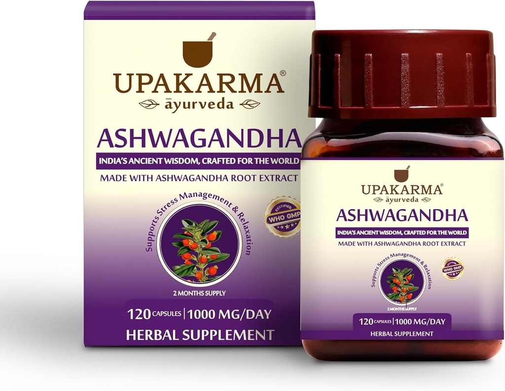 UPAKARMA Ashwagandha , 60 jours d'approvisionnement , extrait pur à base de 1000 mg par service , laboratoire testé, R & D soutenu, 120 capsules végétaliennes, suppléments pour le stress et le soutien énergétique