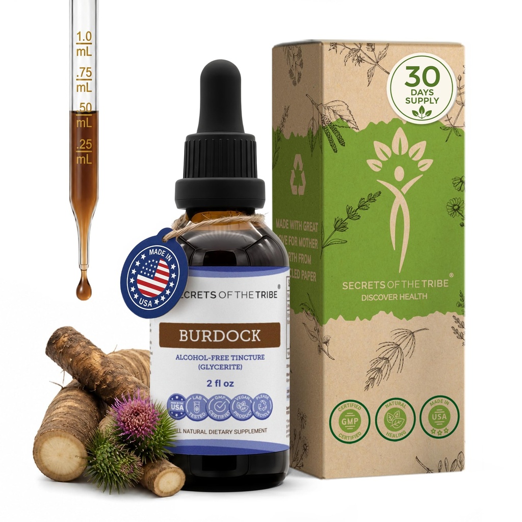 Secrets of the Tribe Burdock Tincture Alcohol-Free Liquid Extract, Burdock (Arctium Lappa) Dried Root 2 FL OZ