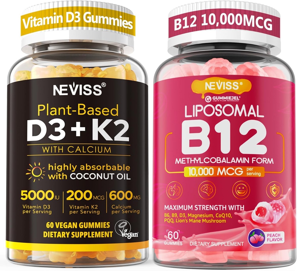 NEVISS 2Paquet Vitamine D3 5000iu & K2(as MK7) 200mcg Gommies + 600mg Calcium + 1Paquet Méthyle liposomique B12 5000 mcg/10000 mcg