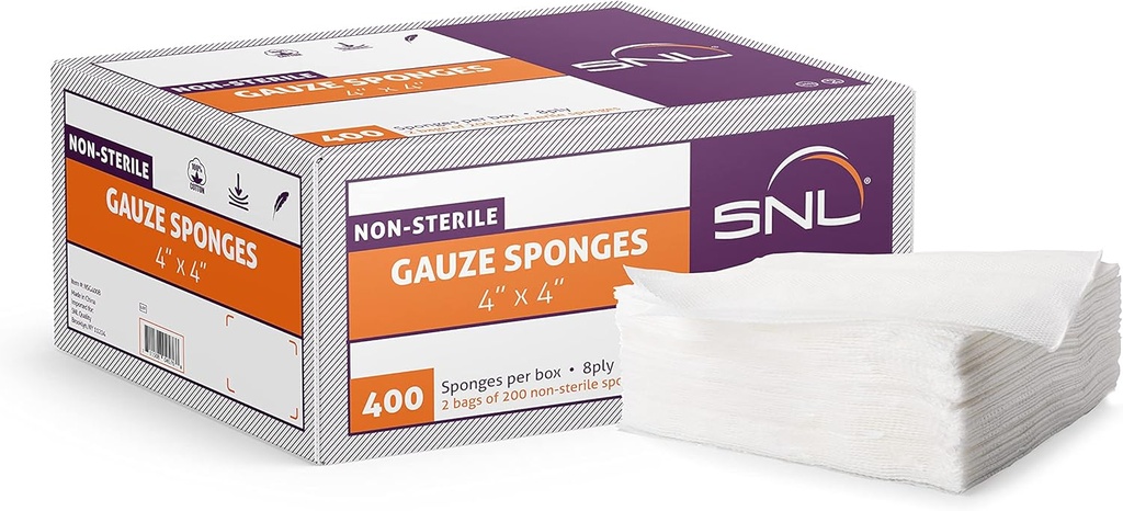 Gauze polyvalente - 4" X 4" - Boîte de 400 - par SNL Qualité, Non-Stérile, Sans Latex, Eponges Gauze, 8 Ply - (2x 200 Packs à l'intérieur), Idéal pour les premiers soins, Applicateur de beauté, bandage absorbant
