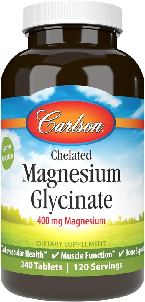 Carlson - Glycinate de magnésium, 200 mg, Absorption supérieure, Santé cardiaque, Fonction musculaire, Soutien osseux, 240 comprimés