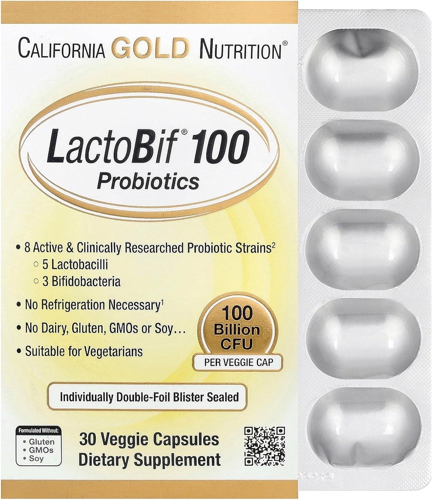 California Gold Nutrition LactoBif Probiotics, 100 Bllion CFU, 8 souches probiotiques actives et cliniquement étudiées, sans sucre, végétarienne, individuelle double feuille de plaquette scellée, 30 capsules de légumes