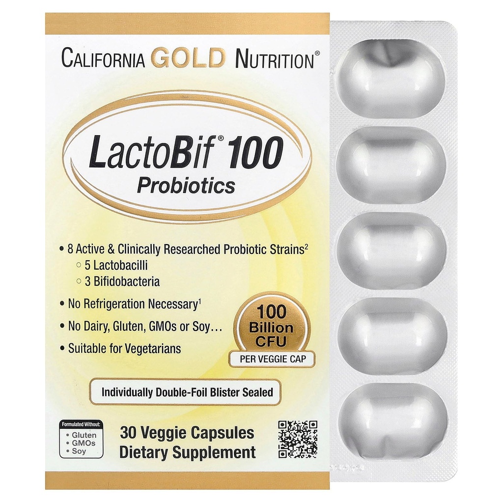 California Gold Nutrition LactoBif Probiotics, 100 Bllion CFU, 8 souches probiotiques actives et cliniquement étudiées, sans sucre, végétarienne, individuelle double feuille de plaquette scellée, 30 capsules de légumes