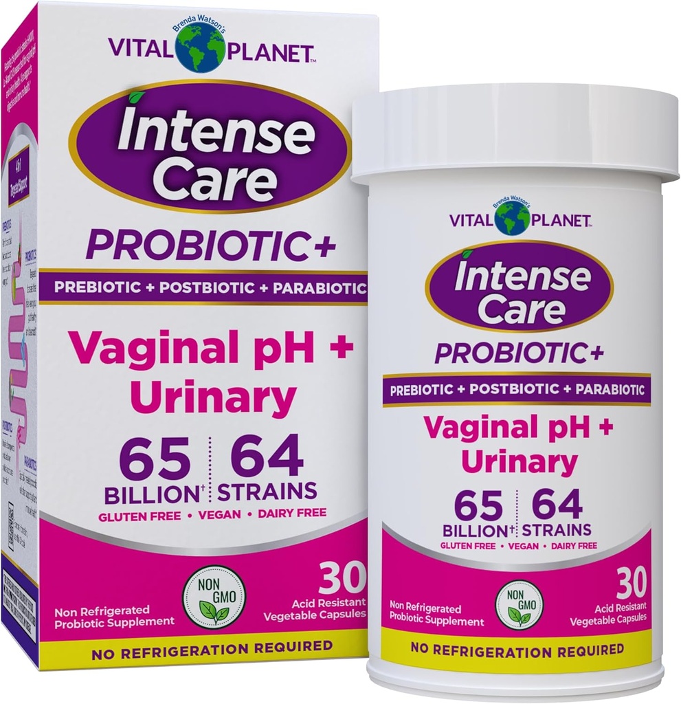 Planète vitale - Soins intenses pH vaginal et probiotiques urinaires pour les femmes plus prébiotiques organiques, postbiotiques et parabiotiques, 65 milliards d'UFC et 64 souches, santé immunitaire et digestive 30 ct