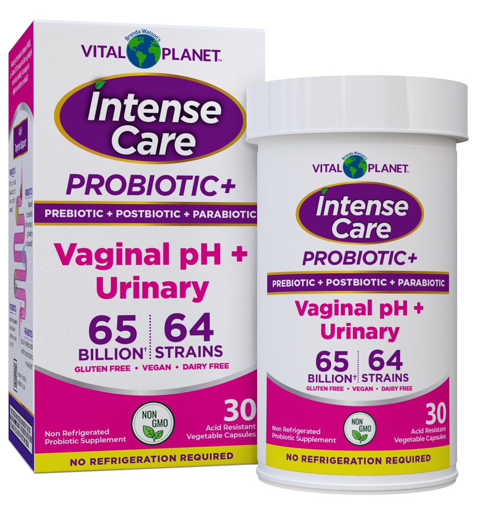 Planète vitale - Soins intenses pH vaginal et probiotiques urinaires pour les femmes plus prébiotiques organiques, postbiotiques et parabiotiques, 65 milliards d'UFC et 64 souches, santé immunitaire et digestive 30 ct