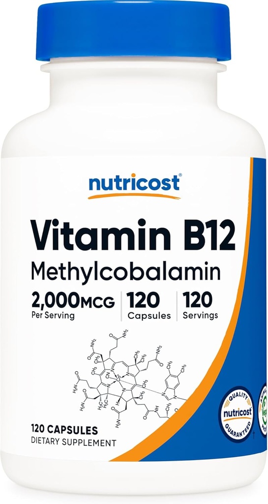 Nutricost Vitamine B12 (méthylcobalamine) 2000mcg, 120 Capsules - Bouchons végétariens, Non-OGM, Supplément sans gluten B12