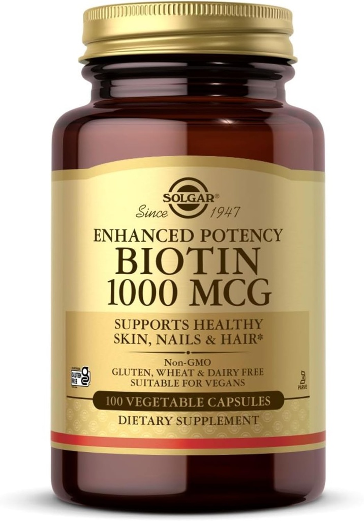 Solgar Biotin 1000 mcg - 100 capsules végétales - Soutient la peau, les ongles et les cheveux sains - Non-OGM, végétalien, sans gluten, sans produits laitiers, sans casher - 100 portions