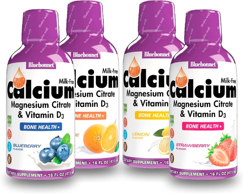 Bluebonnet Nutrition Citrate de calcium liquide Citrate de magnésium, vitamine D3, Bone Health - Ensemble d'orange, de bleuets, de citron et de fraises, 4 bouteilles de 16 fl Oz chacune (64 Fl Oz Total)