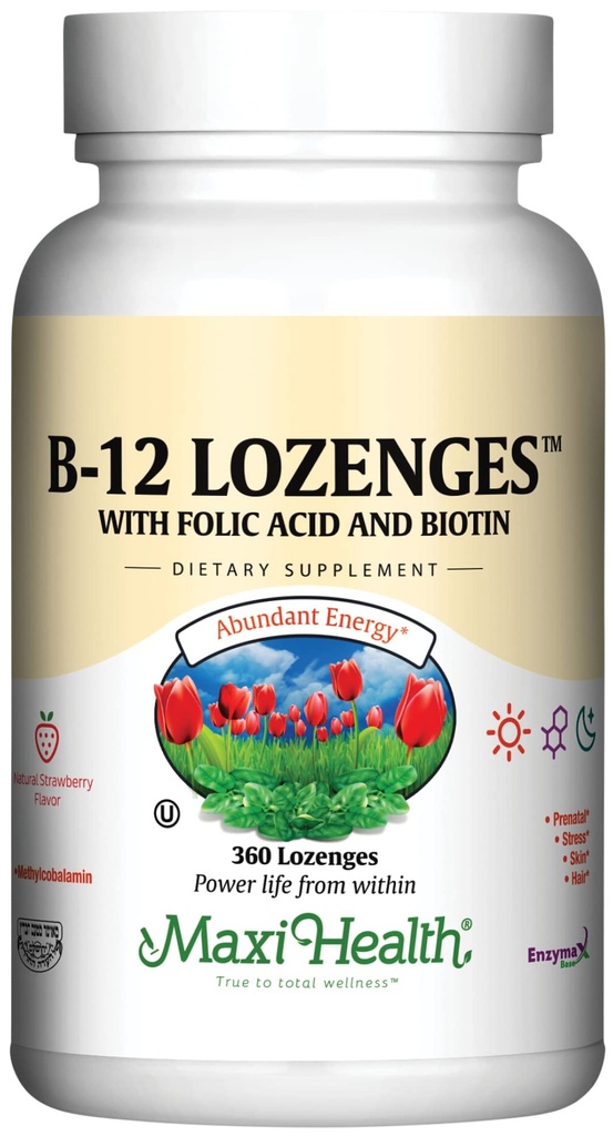 Maxi Santé Vitamine B12 Lozanges avec acide folique et biotine - Sublingual B12 Vitamines Flaveur de fraises - Végétarien Kosher B 12 Vitamine pour la production de globules rouges et l'énergie (360 Nombre)