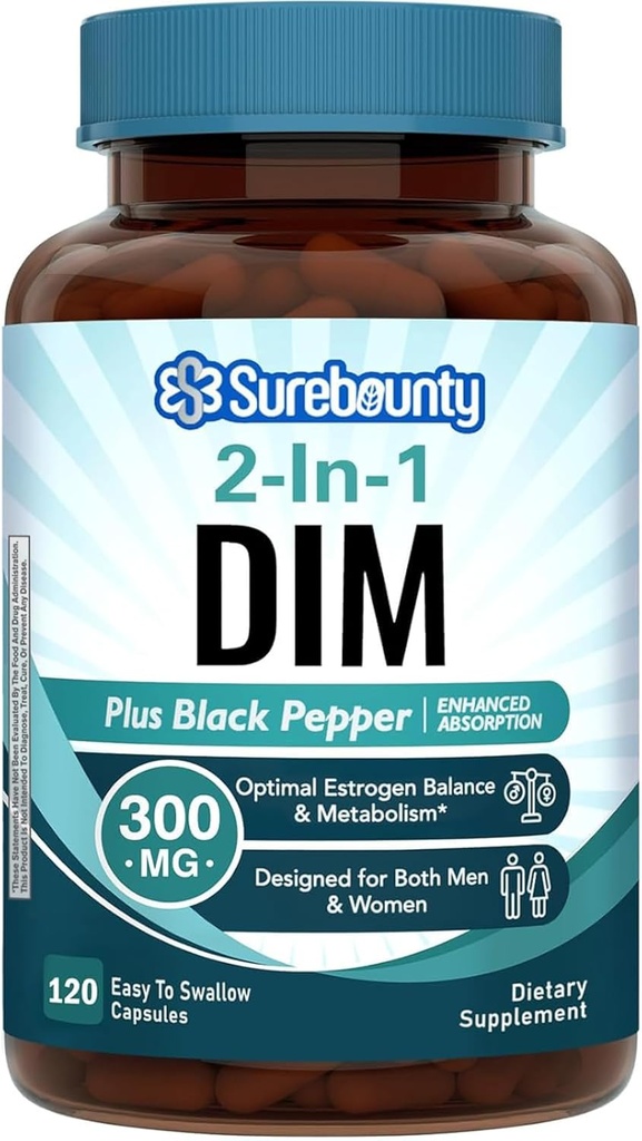 Supplément DIM 300mg pour les femmes et les hommes, équilibre astrogénique et métabolisme, équilibre hormonal, soutien à la ménopause, maintien de l'énergie, absorption élevée avec extrait de poivre noir, 120 capsules