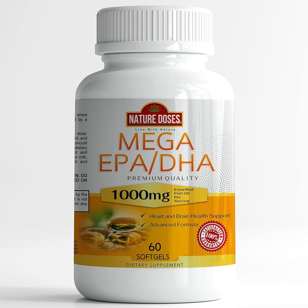 Mega EPA/DHA, Premium Quality 60 softgels, Fish Oil Supplement with EPA & DHA - Promotes Heart & Brain Health - Non-GMO - 60 Servings