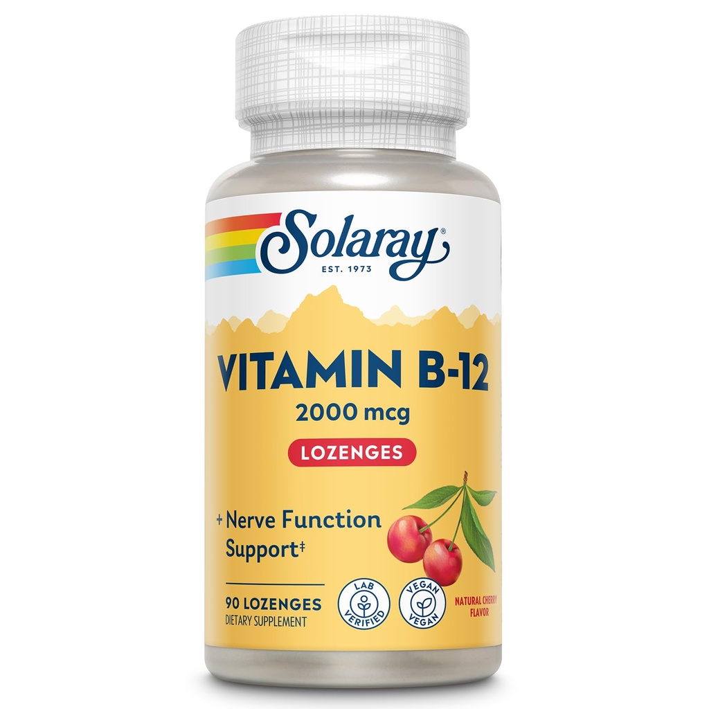 SOLARAY Vitamine B12 2000 mcg Lozenges - Pas de sucre, saveur de cerise naturelle Vitamine B 12 Supplément pour la fonction nerveuse, l'énergie et le soutien des cellules du sang rouge - Verifié en laboratoire, végétalien - 90 portions, 90 Lozenges