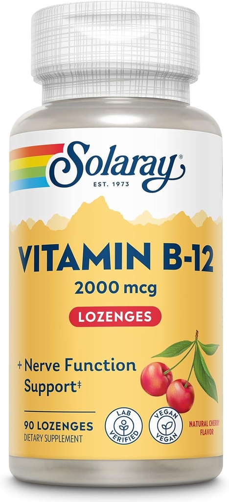 SOLARAY Vitamine B12 2000 mcg Lozenges - Pas de sucre, saveur de cerise naturelle Vitamine B 12 Supplément pour la fonction nerveuse, l'énergie et le soutien des cellules du sang rouge - Verifié en laboratoire, végétalien - 90 portions, 90 Lozenges