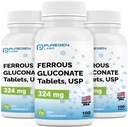 Puregen Labs Gluconate de fer 324 mg [High Potency] Supplément de fer, doux sur l'estomac 3 Pack - 300 Comprimés Total