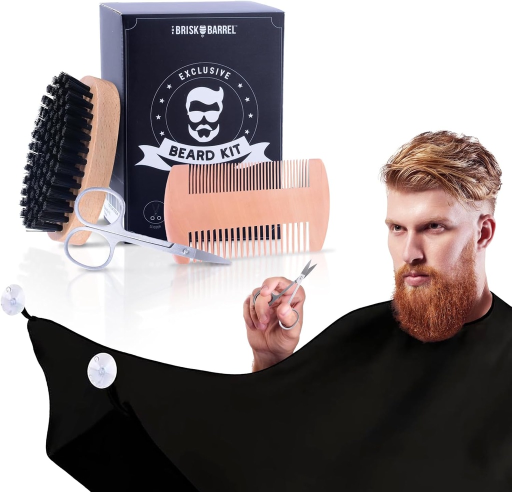 Kit de grooming pour les hommes de 4 en 1. Brosse et peigne de barbe avec Tablier de bib gratuit, ciseaux de mustache. Brosse naturelle et peigne double action. Les hommes grooming. Cadeau pour mari,