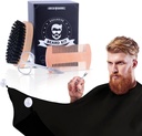 Kit de grooming pour les hommes de 4 en 1. Brosse et peigne de barbe avec Tablier de bib gratuit, ciseaux de mustache. Brosse naturelle et peigne double action. Les hommes grooming. Cadeau pour mari,