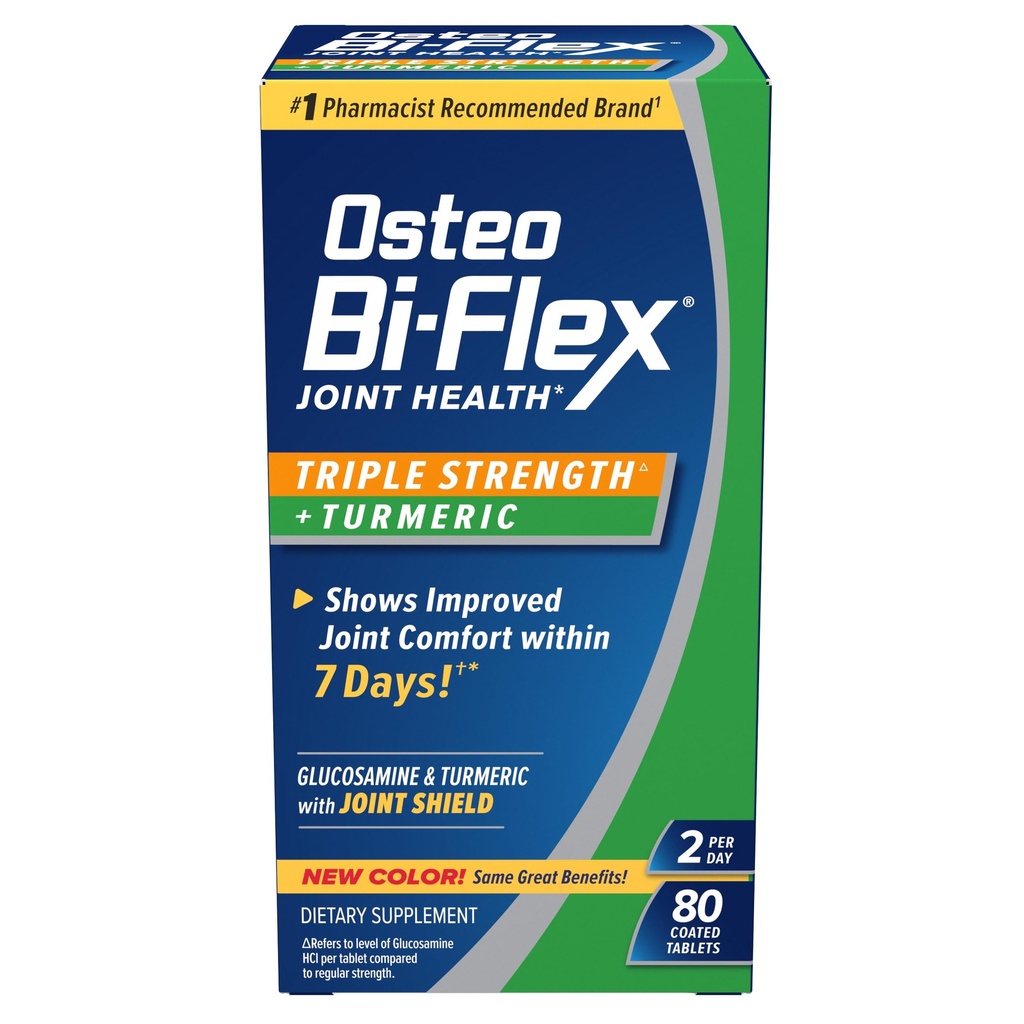 Osteo Bi-Flex Glucosamine Triple Strength Plus Turmeric Supplément avec Curcumine pour le soutien et la gamme de mouvements conjoints, 40 jours d'approvisionnement, 80 comprimés enduits, compléments nutritionnels mixtes santé