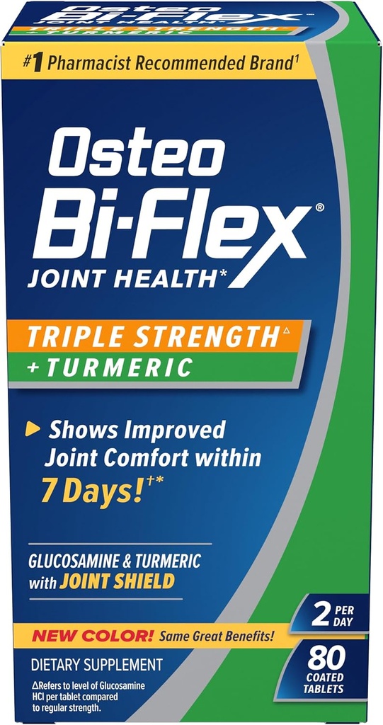 Osteo Bi-Flex Glucosamine Triple Strength Plus Turmeric Supplement with Curcumin for Joint Support and Range of Motion, 40 Day Supply, 80 Coated Tablets, Joint Health Nutritional Supplements