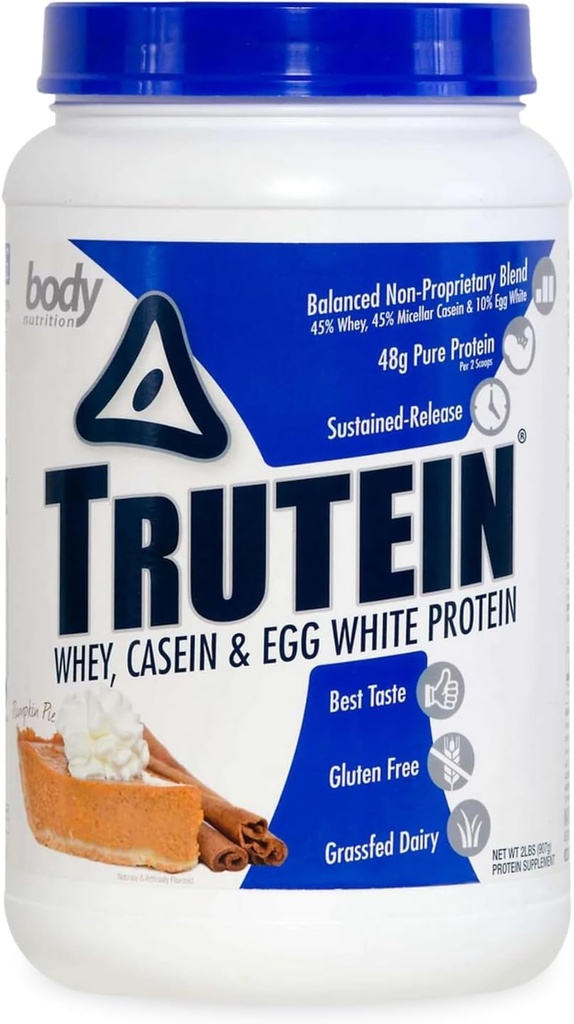 Nutrition corporelle Trutein Poudre à haute teneur en protéines : 45 % Whey, 45 % Caséine, 10 % Blanc d'oeuf, Sans gluten, Faible teneur en sodium, Poudre de protéines de lactosérum, Supplément de gymnastique et petit-déjeuner agité, Pie de citrouille, 2lb