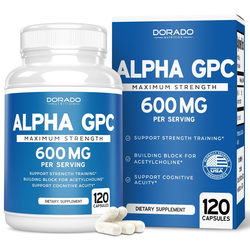 Alpha GPC Capsules Choline - 120 Comte, 600mg Servants (aide de soutien au drainage qui supporte la concentration, la mémoire, la motivation, et l'énergie (Troisième partie testée, Vegan Safe Fabriqué aux États-Unis)