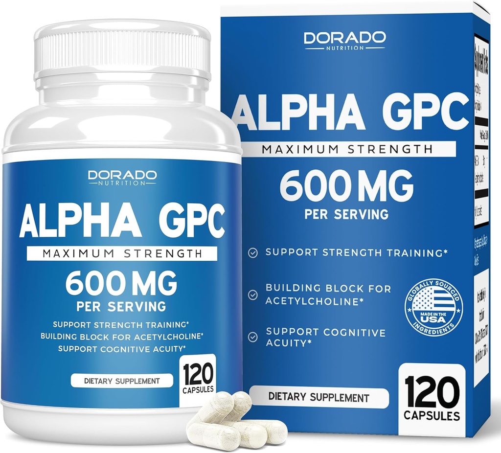 Alpha GPC Capsules Choline - 120 Comte, 600mg Servants (aide de soutien au drainage qui supporte la concentration, la mémoire, la motivation, et l'énergie (Troisième partie testée, Vegan Safe Fabriqué aux États-Unis)