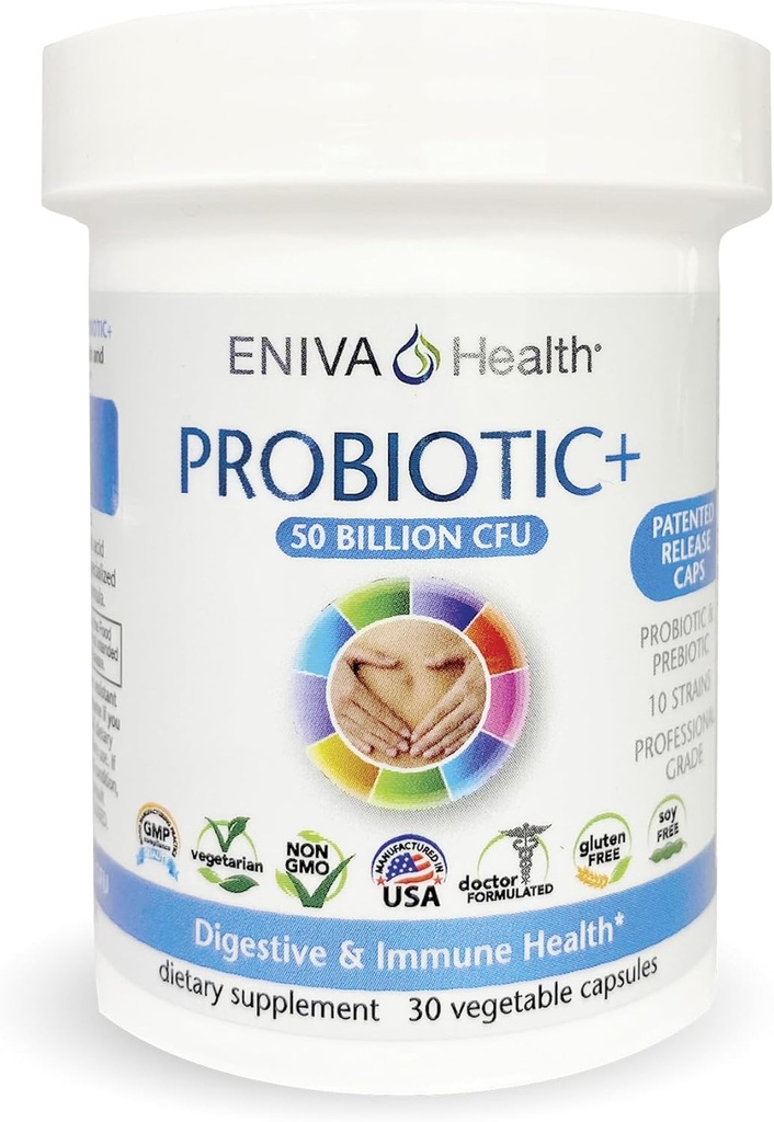 Eniva Health Probiotic with Prebiotic 10 Strains | 50 Billion CFUs Per Capsule | 30 Capsules Per Bottle | Doctor Formulated | Patented Release Capsules | No fillers