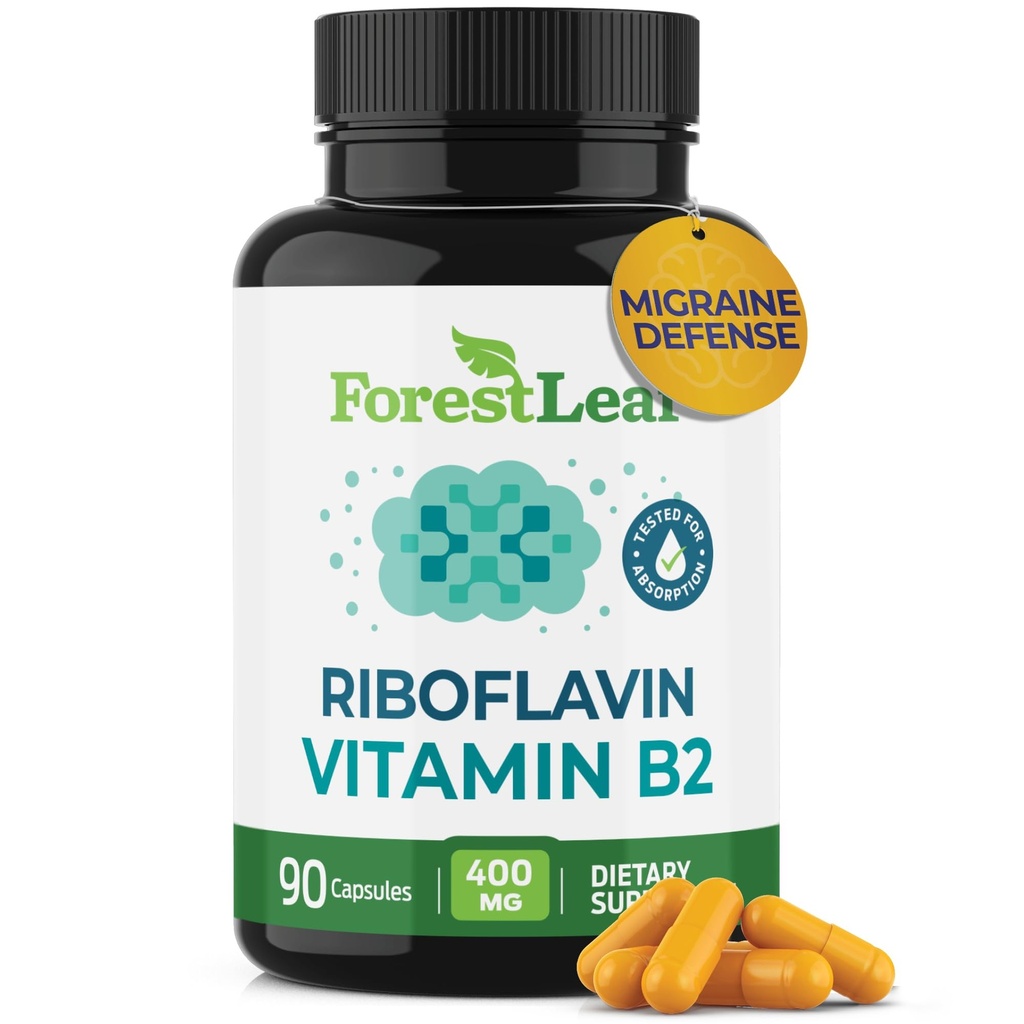 ForestLeaf Vitamine B2 Riboflavine 400mg - Supplément énergie, peau et santé cellulaire - Soutien du système nerveux - Vitamine B 2 VIT B - Non-OGM et sans gluten - B2 Vitamine 400mg Capsules végétales, 90 Nombre
