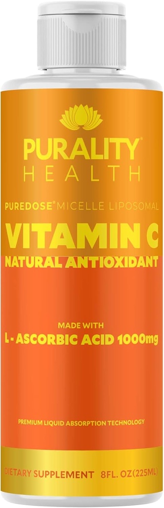 PURALITÉ SANTÉ Vitamine C Supplément liquide 1000mg par portion, Micelle Liposomal Absorption améliorée, Non-OGM, Sans gluten, Vegan, 15 jours d'approvisionnement