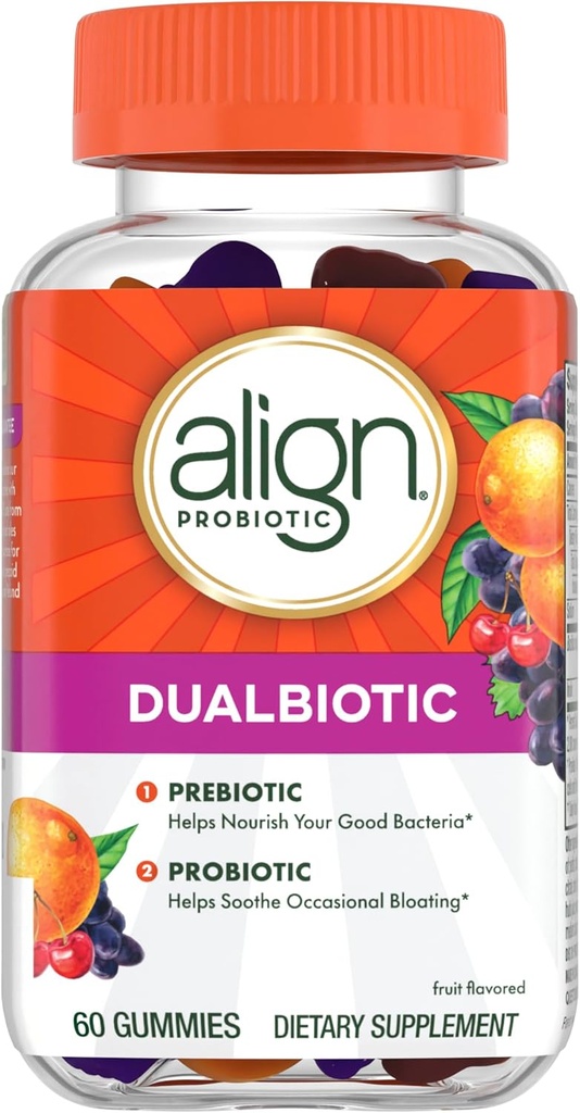Aligner Dualbiotique, Prébiotiques et Probiotiques pour les femmes et les hommes, Probiotiques pour la santé digestive, Prébiotiques aident les bonnes bactéries Nourish, Saveurs de fruits naturelles, 60 Gommies probiotiques