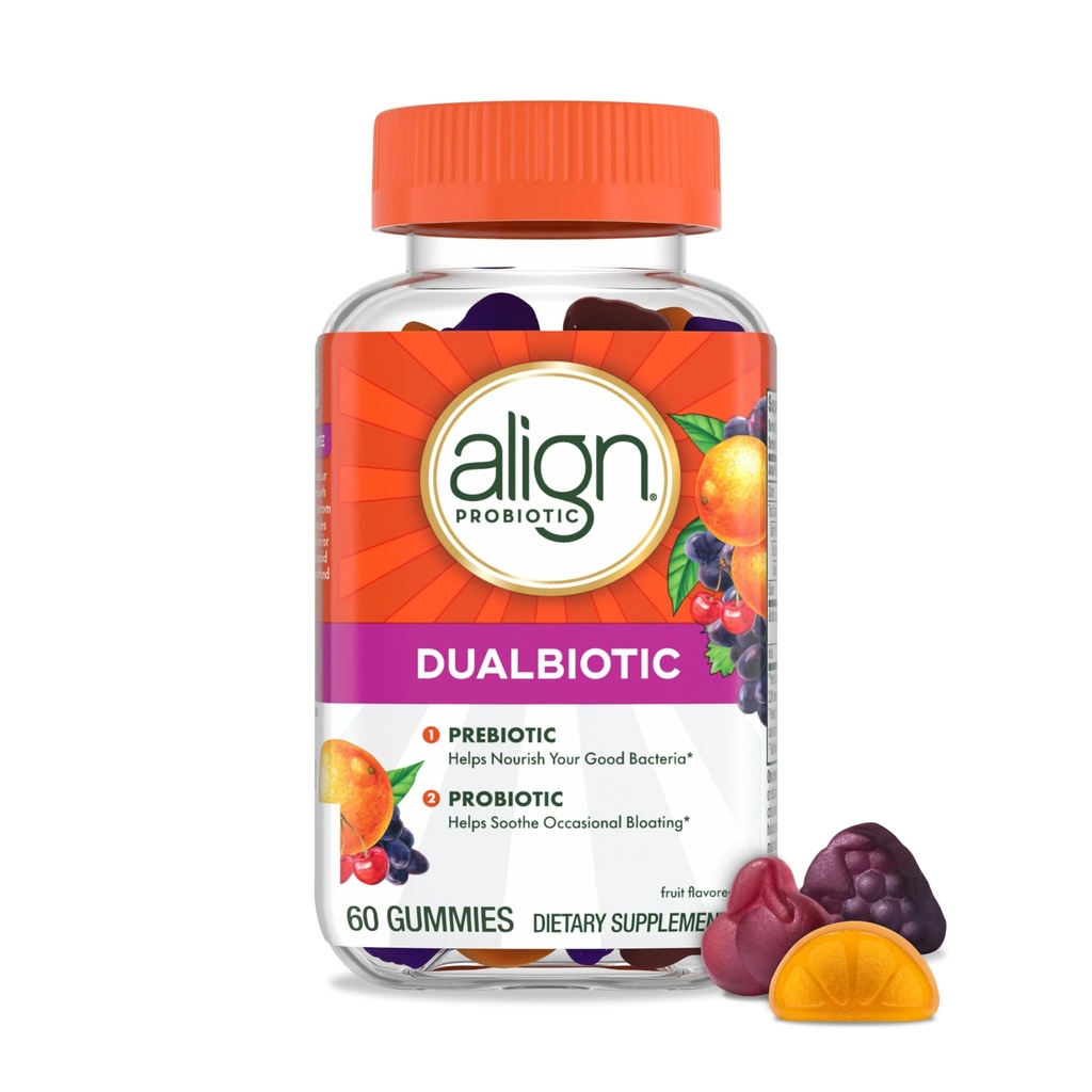 Alignez Dualbiotique, Prébiotiques et Probiotiques pour les femmes et les hommes, Probiotiques pour la santé digestive, Prébiotiques aident les bonnes bactéries Nourish, Saveurs de fruits naturels, 60 Gommies probiotiques