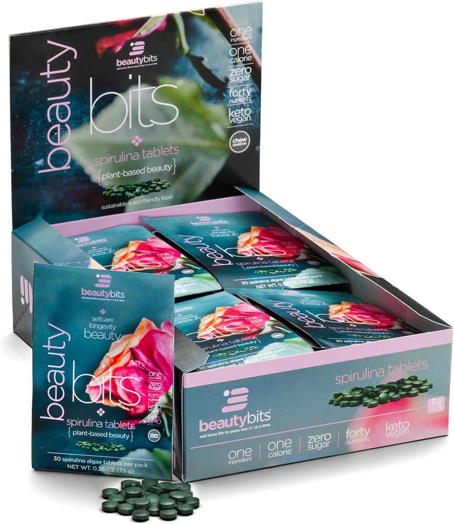 BEAUTYbits - Comprimés de Spiruline Biologique - Algae Superfood - Collagène, Protéines, Chlorophylle - Cheveux, ongles et soins de la peau - Vegan, Keto, Sans gluten - Self Care - Beauté de la peau - 30 Sacs, 900 Comprimés