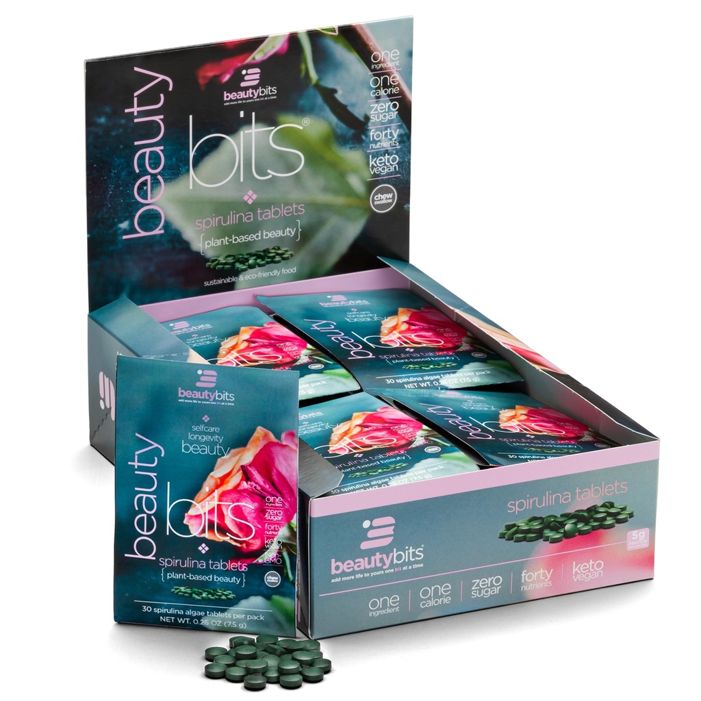 BEAUTYbits - Comprimés de Spiruline Biologique - Algae Superfood - Collagène, Protéines, Chlorophylle - Cheveux, ongles et soins de la peau - Vegan, Keto, Sans gluten - Self Care - Beauté de la peau - 30 Sacs, 900 Comprimés