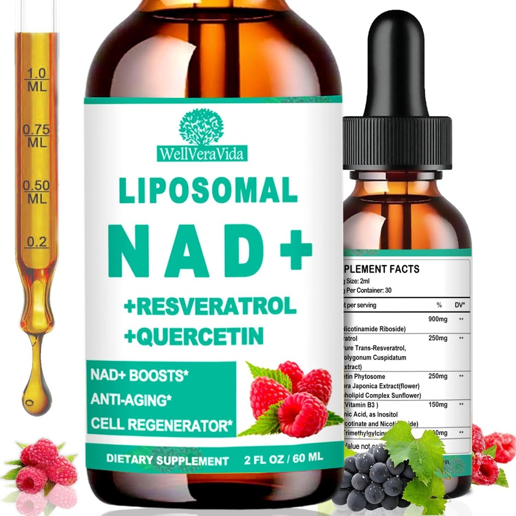 Suppléments NAD pour les femmes et les hommes, Liposomal NAD Nicotinamide Riboside Resveratrol 900mg, TMG, Quercetin, Vitamine B3, Supplément liquide organique NAD resveratrol pour la longévité, l'énergie, anti-âge, Focus