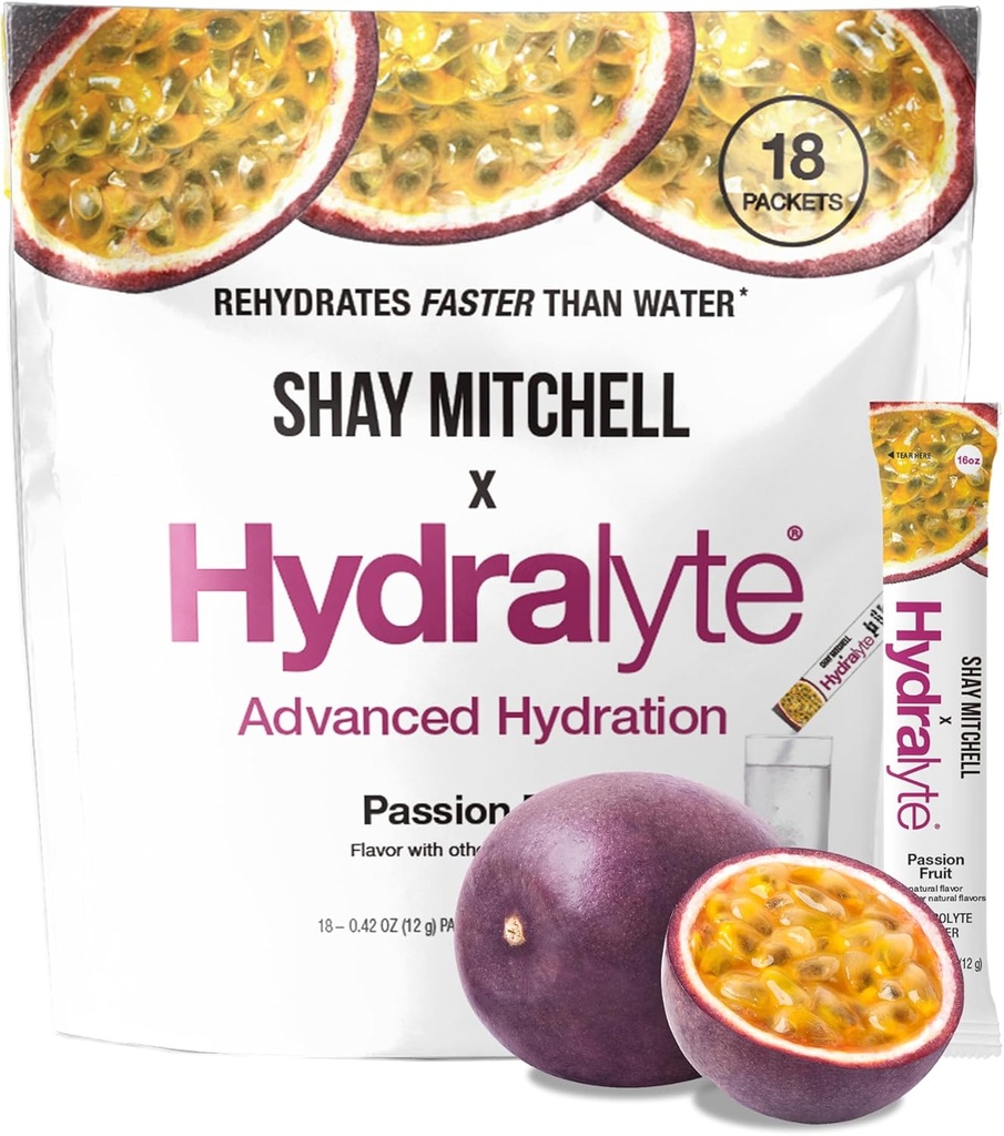 Hydralyte Shay Mitchell Electrolyte Powder Packets, Low Sugar Rapid Rehydration, Hydration Powder for Heat, Travel, Exercise and Bachelorette Parties (Passion Fruit)