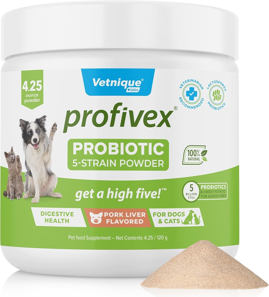 Vetnique Labs Profivex Probiotiques pour chiens Tous les aliments pour chiens naturels et poudre pour la santé digestive suppléments probiotiques pour chiens 5 souches de probiotiques et prébiotiques (poudre, 4,25oz)