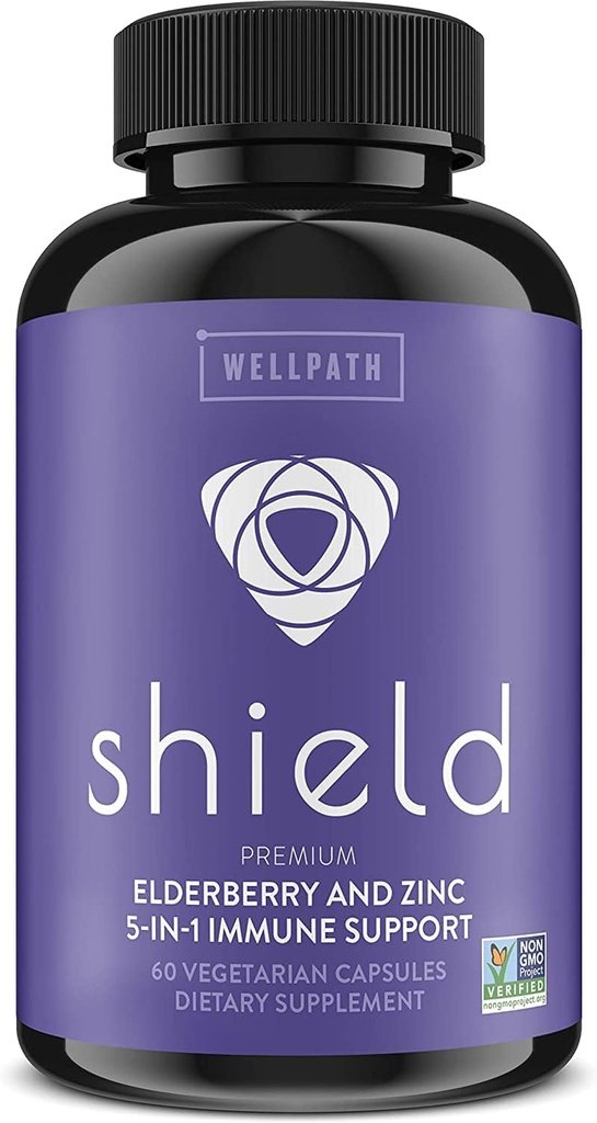 WellPath Shield Elderberry Capsules - 5-en-1 Immune Support Booster avec Zinc, Vitamine C, Echinacea, Propolis d'abeilles - Supplément Zinc Premium - 600 mg Sambucus Black Elderberry Pills pour adultes - 60 Ct
