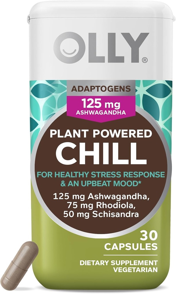 OLLY Chill Adaptogen, Ashwagandha, Supplément de soutien d'humeur avec racine de Rhodiola, Capsules végétariennes - 30ct