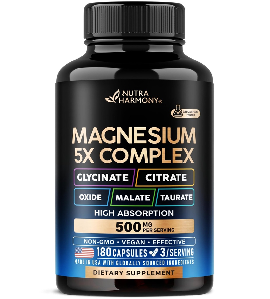 Supplément de magnésium - 5 en 1 Complexe de Glycinate de Citrate de Malate de Taurate de Oxyde - Fabriqué aux États-Unis - Stress, Muscle & Heart Support - Vegan, Natural, Non-OGM - 180 capsules, 2 mois d'approvisionnement