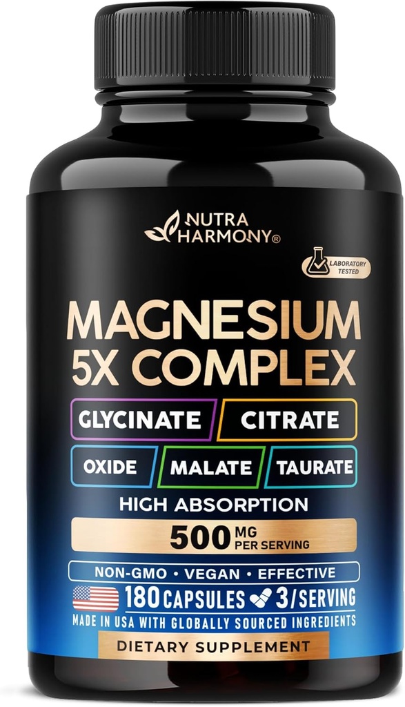 Supplément de magnésium - 5 en 1 Complexe de Glycinate de Citrate de Malate de Taurate de Oxyde - Fabriqué aux États-Unis - Stress, Muscle & Heart Support - Vegan, Natural, Non-OGM - 180 capsules, 2 mois d'approvisionnement