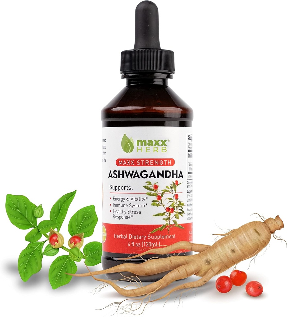 Maxx Herb Ashwagandha Extract – Max Strength Liquid Tincture Absorbs Better Than Capsules or Powder - for Stamina, Memory, & Immune Support - 4 Oz Bottle (60 Servings)