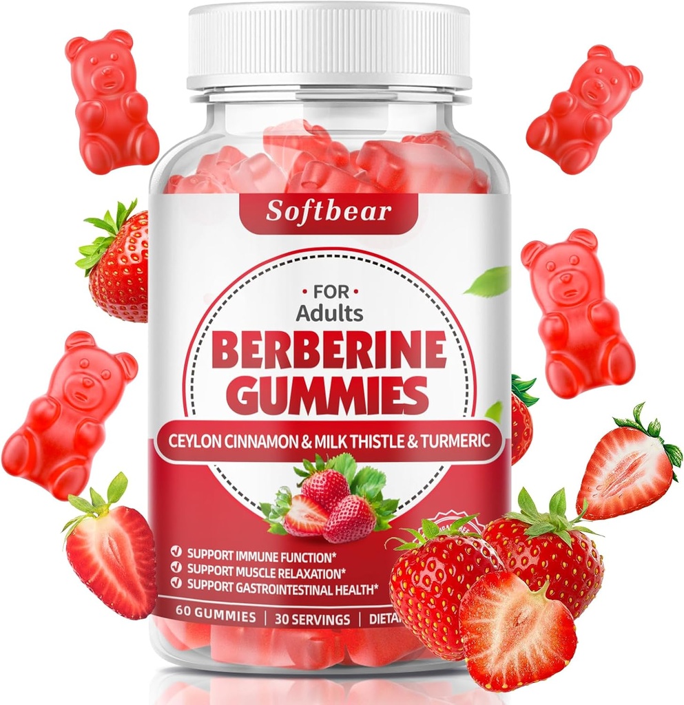 softbear Berberine avec Ceylan Cinnamon Gummies Berberine biologique HCL 1500mg pour le métabolisme Immune Santé Suppléments Berberine sans sucre Fraise Aromatisée 60 Compte